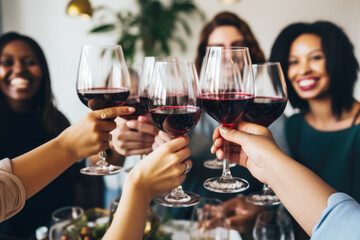 Group of friends toasting with red wine glasses, celebrating Christmas holidays together at a festive lunch party