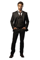 Fototapeta premium Full length stylish young man in black formal suite isolated on transparent background.