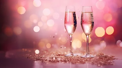 Fotobehang Pink rose champagne glasses close up, bokeh lights background. New year, Valentines day celebration toast festive rose gold blur pink champagne sparkle glitter web banner © irissca