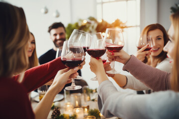 Group of friends toasting with red wine glasses, celebrating Christmas holidays together at a festive lunch party