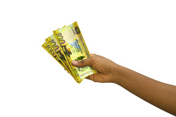 Fair hand holding 3D rendered Solomon Islands Dollar notes isolated on white background
