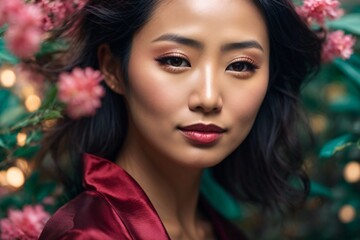 Fototapeta premium Japanese beautiful woman portrait with smooth health skin face for advertising design. Fit asian beautiful aging young looking woman. Generative Ai.