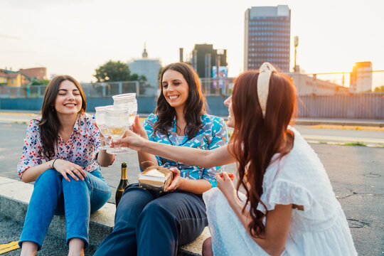 Cheerful friends toasting wineglasses together at sunset