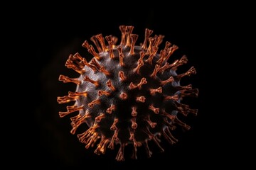 Close-up view of COVID-19 virus on black background. Generative AI