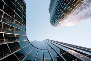 Spain, Catalonia, Barcelona, Directly below view of modern glass skyscraper