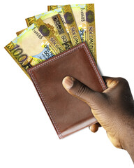 Black Hand Holding brown wallet With Solomon Islands Dollar notes.
