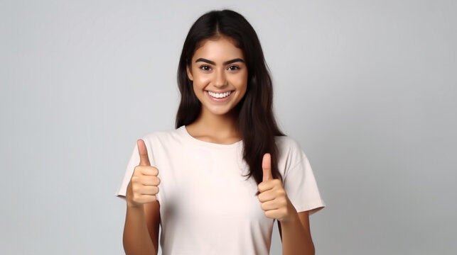 A girl in casual clothes shows thumbs up with both hands and smiles cutely on an isolated background 