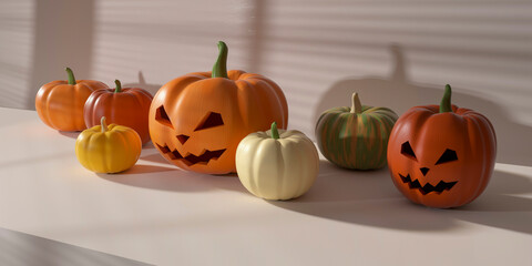 Plastic pumpkins and jack o lanterns lying on white surface