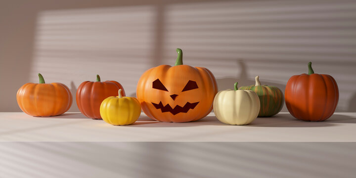 Row of plastic pumpkins with jack o lantern in middle