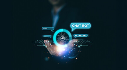 AI Chatbot. Businessman using artificial intelligence with command prompt for generate. Technology links information digital marketing, innovation futuristic, big data.