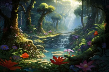 A mesmerizing jungle scenery that combines the artistry of cartoons and oil painting, exuding tranquility. Generative AI