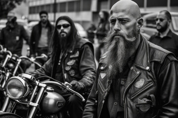 B&W biker gang in the street - obrazy, fototapety, plakaty