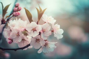 A blooming cherry tree branch with vibrant pink flowers