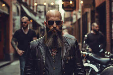 Fototapeta na wymiar Handsome, bald, well-groomed bearded biker gangster in dark sunglasses, a vest, jacket, and tie against the backdrop of the street and motorcycles