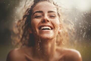 Fototapeta na wymiar Woman feeling the rain on her face - Pure Human Emotion - AI Generated