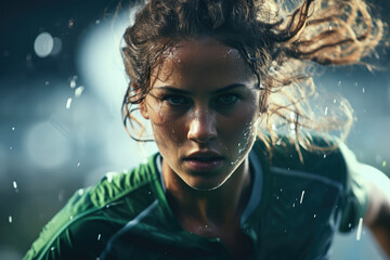 Female soccer player focused face during a penalty kick - Moments of Decision - Close Up - AI Generated - obrazy, fototapety, plakaty