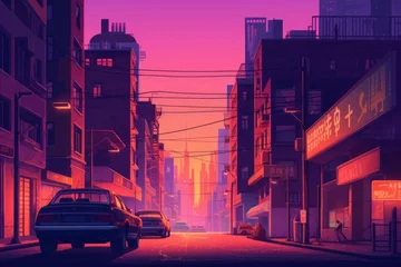 Fototapeten Sunset cyberpunk city. Light drive game. Generate Ai © nsit0108