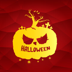 Happy Halloween golden text Banner or label. Vector halloween calligraphic text label with scary pumpkin isolated on red background. Halloween banner design template