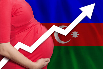 Pregnant woman in Azerbaijan on Azerbaijani flag background. Birth rate up