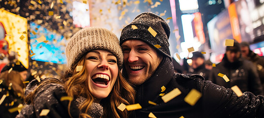 Couple counting down to the New Year in Times Square.