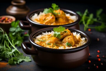 Chicken curry with rice served in traditional Indian pots. Generative AI - obrazy, fototapety, plakaty