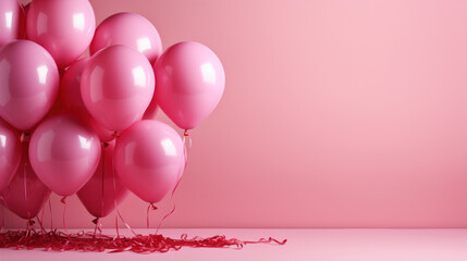 Pink balloons on a pink background in the studio with empty space for text