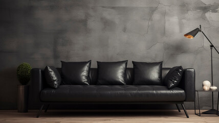 Sleek Black Leather Sofa with Pillows in a Monochromatic Space