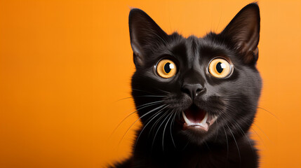 Black cat portrait. Studio portrait of shocked scared black cat isolated on orangebackground, copy space