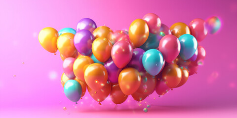 Fototapeta na wymiar Many colorful bright and beautiful balloons in the studio with a violet-lilac background and with empty space for text