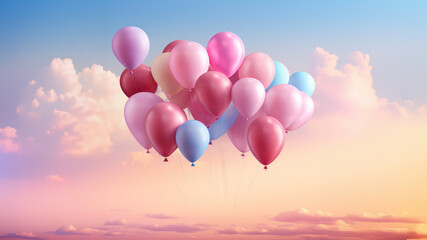Fototapeta premium Bright and beautiful Multicolored and pink balloons fly across the sky with empty space for text
