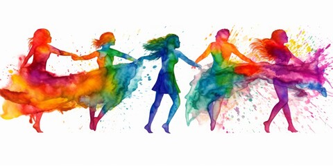 Aquarelle Close-Up Captures the Joyful Dance of Students Celebrating Diversity and Inclusion with a Vibrant Rainbow Flag on a White Background