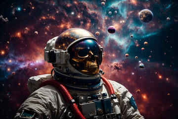 Golden skeleton in an astronaut suit floats in colorful space