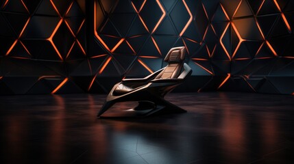 Modern Futuristic Gaming Chair in a dark futuristic warehouse background.