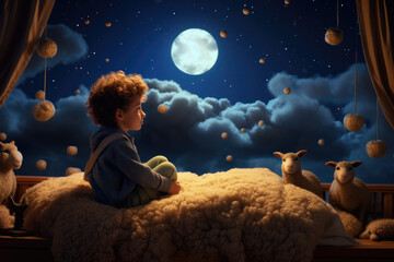 A little boy lies down and counts the little sheep that jump around in his imagination - obrazy, fototapety, plakaty