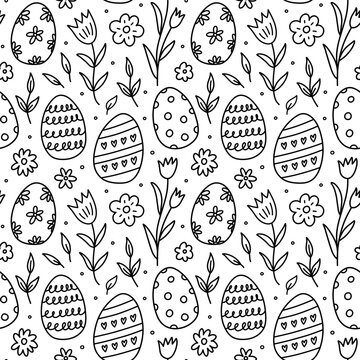 Cute seamless pattern with Easter eggs, spring flowers and leaves. Vector hand-drawn doodle illustration. Perfect for holiday designs, print, decorations wrapping paper, wallpaper.