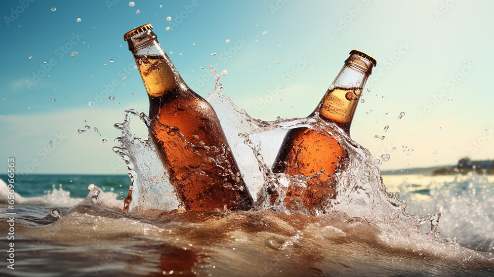 Wall mural two bottles of beer in the sea in the waves splash of water