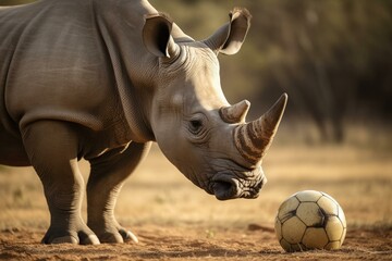 A rhino is posing with a soccer ball. Generative AI - obrazy, fototapety, plakaty