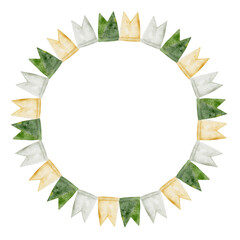 Fototapeta premium Watercolor hand drawn illustration, Saint Patrick holiday. National color flags, white green orange. Ireland tradition. Wreath frame Isolated on white background. Invitations, print, website, cards.