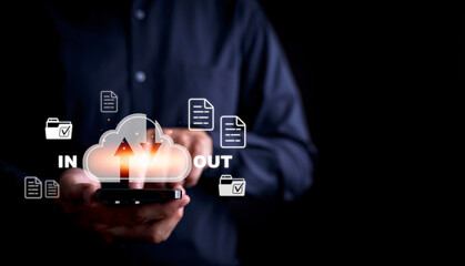 Cloud Share diagram computing and Communication concept, Hand touching infographic cloud computing and technology icons, Confidential information such as internet banking, password, shopping