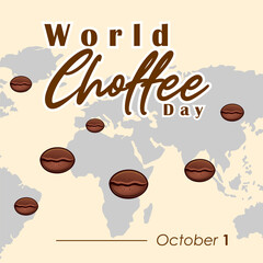 Happy International Coffee Day 1 October, banner template design. Illustration of aromatic coffee beans, steam and world map silhouette. Coffee is a drink loved by people. Vector Illustration
