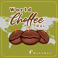 Happy International Coffee Day 1 October, banner template design. Illustration of aromatic coffee beans, steam and world map silhouette. Coffee is a drink loved by people. Vector Illustration