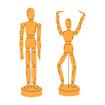 Wooden Mannequin for learning to draw, cartoon style. Art supplies. Trendy modern vector illustration isolated on white background, hand drawn, flat design. Dummy with different poses.