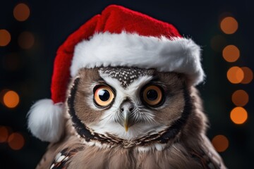 Holiday portrait of an owl with a Christmas owl wearing a Santa Claus hat.
