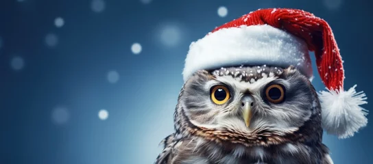 Keuken foto achterwand An image capturing the festive spirit as an owl wears a Santa hat on a serene blue background. © Ivy