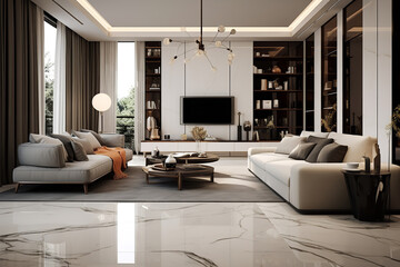  A spacious contemporary living room shines with the reflective surface of polished marble floor tiles, enhancing the room's luxurious feel - obrazy, fototapety, plakaty