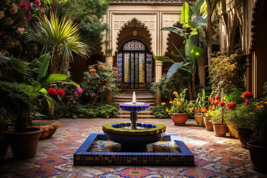 An enchanting Moroccan courtyard boasts exquisite zellige tilework, with a central fountain reflecting the kaleidoscope of colors