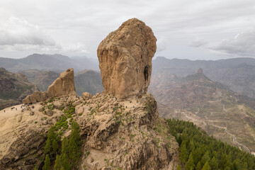 Fototapeta na wymiar Aerial view of the Roque Nublo rock in Gran Canaria, Canary islands, Spain