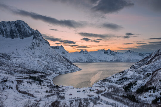 Norway, Nordland, View ofMelfjordenand surrounding mountains in winter