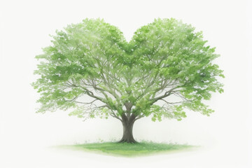 Obraz premium A majestic tree stands at the heart of a lush green oasis, its leaves delicately rendered in watercolor, creating a dreamy and ethereal scene against a pure white backdrop.