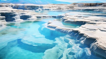 Ancient travertine pools shimmering in hues of blue and cyan